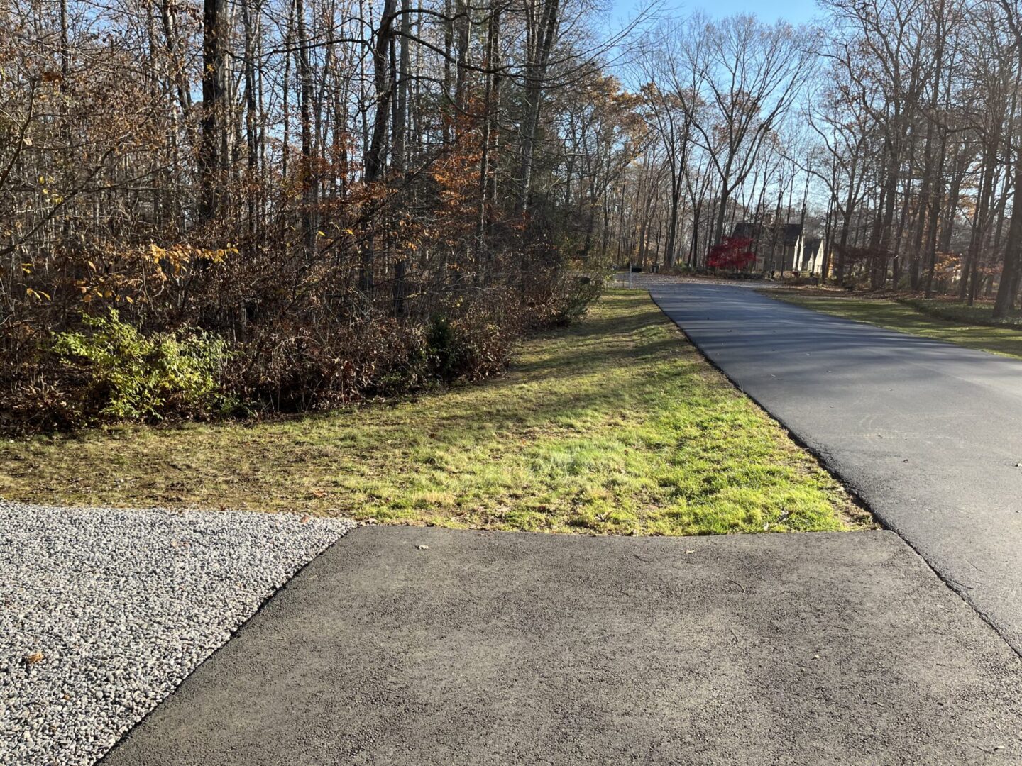 A road with grass and trees on both sides of it.